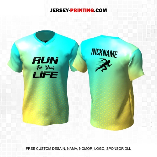 Jersey Lari Gradasi Tosca Kuning Motif Geometris 455