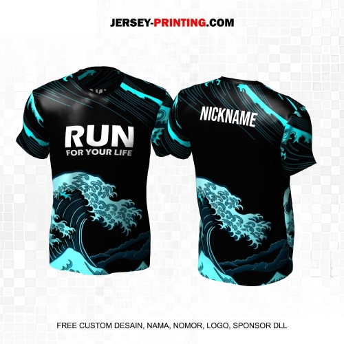 Jersey Lari Hitam Biru Motif Ombak 628