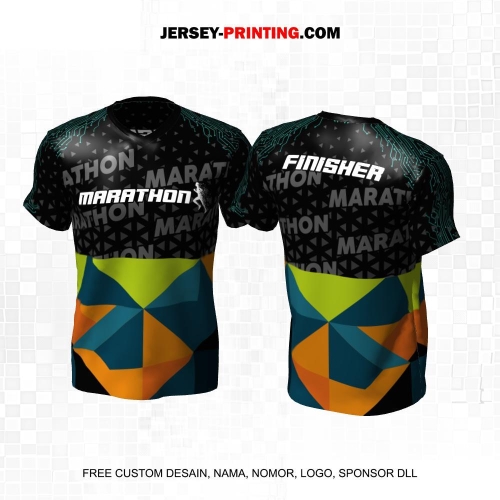 Jersey Lari Hitam Hijau Orange Motif Abstrak Triangle 588