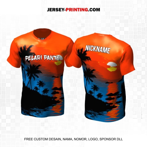 Jersey Lari Orange Hitam Biru Motif Pemandangan Laut 556
