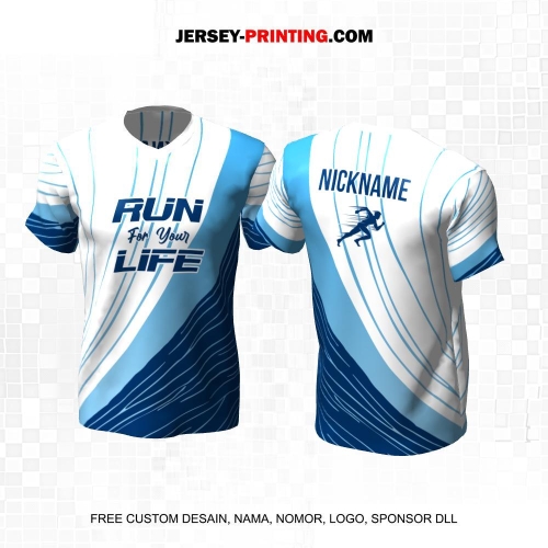 Jersey Lari Putih Biru Motif Garis Kurva 536