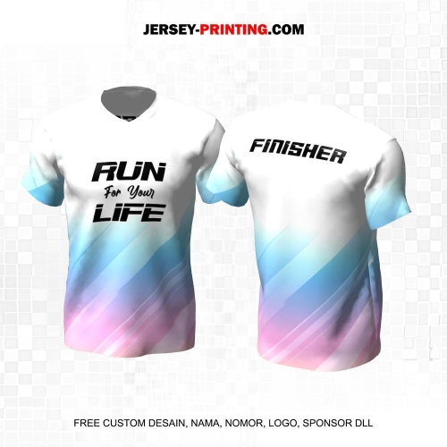 Jersey Lari Putih Biru Pink Motif Garis Geometris 631