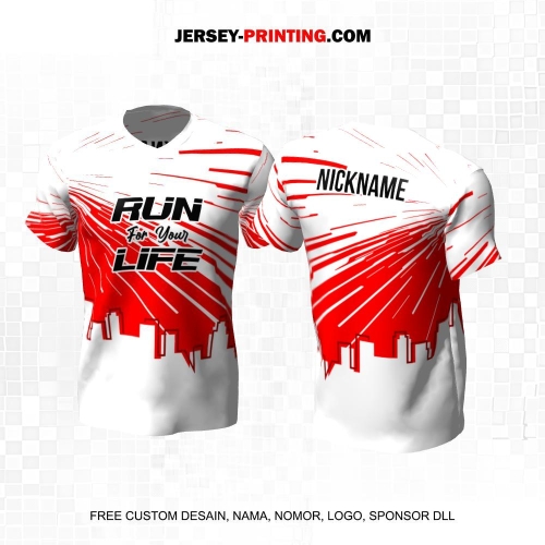 Jersey Lari Putih Merah Motif Abstrak Gedung Perkotaan 446