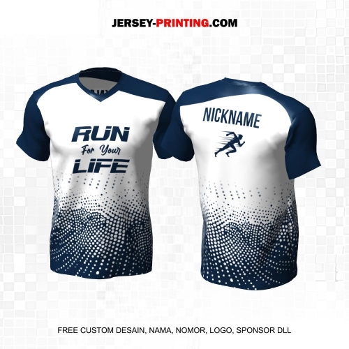 Jersey Lari Putih Navy Motif Polkadot 539