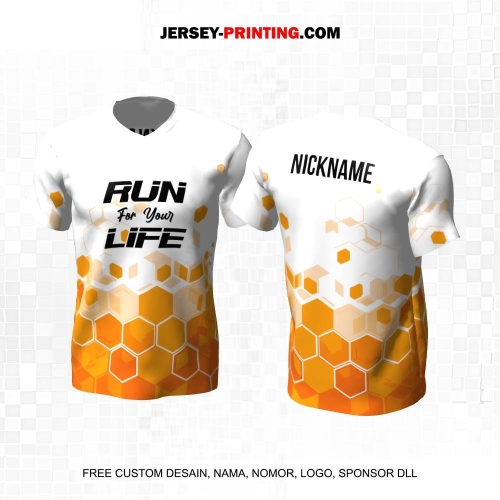 Jersey Lari Putih Orange Motif Abstrak Honeycomb 534