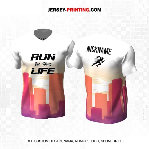 Jersey Lari Putih Pink Orange Motif Gedung Perkotaan 531