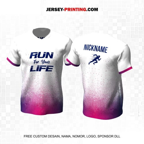 Jersey Lari Putih Pink Ungu Motif Polkadot 541