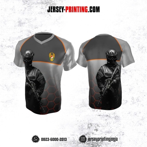 Jersey Militer Tentara TNI AD Angkatan Darat Abu-abu Orange Hitam Motif Hexagon