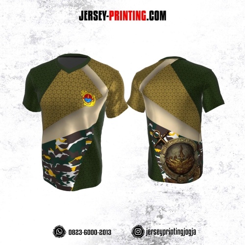 Jersey Militer Tentara TNI AL Angkatan Laut Hijau Emas Coklat Putih Kuning Motif Geometris