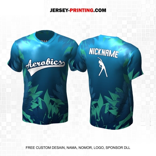 Jersey Olahraga Senam Aerobik Fitness Biru Hijau Motif Flora 48