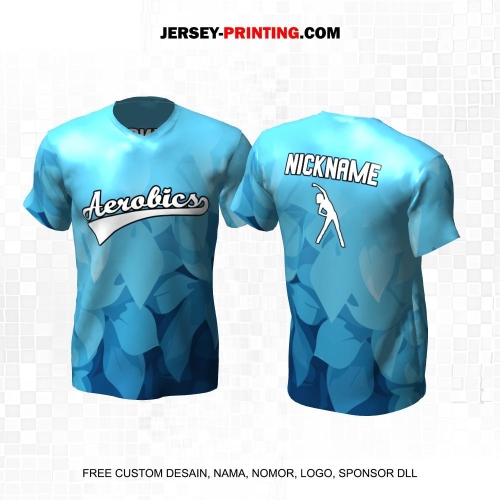 Jersey Olahraga Senam Aerobik Fitness Biru Motif Daun 32