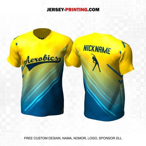 Jersey Olahraga Senam Aerobik Fitness Kuning Biru Tosca Motif Garis 33
