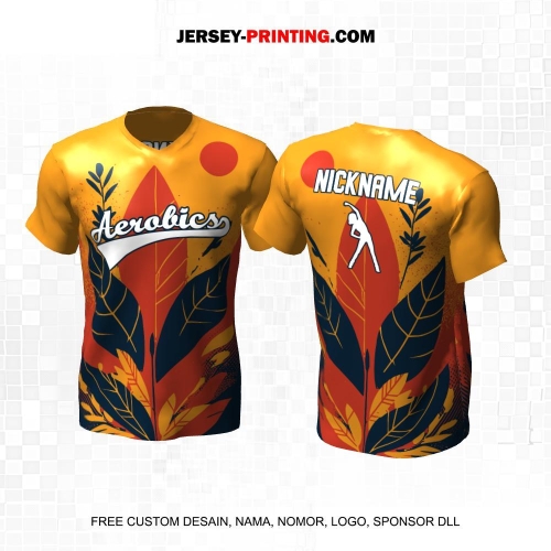 Jersey Olahraga Senam Aerobik Fitness Kuning Orange Navy Motif Flora 50