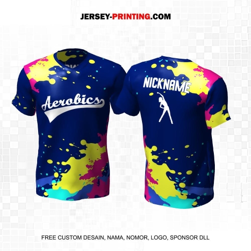 Jersey Olahraga Senam Aerobik Fitness Navy Pink Kuning Motif Abstrak 58