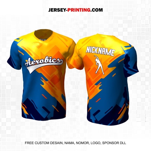 Jersey Olahraga Senam Aerobik Fitness Orange Biru Motif Abstrak 55