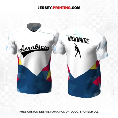 Jersey Olahraga Senam Aerobik Fitness Putih Biru Kuning Merah Motif Abstrak 46