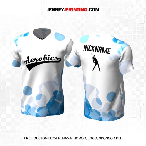 Jersey Olahraga Senam Aerobik Fitness Putih Biru Motif Abstrak 17