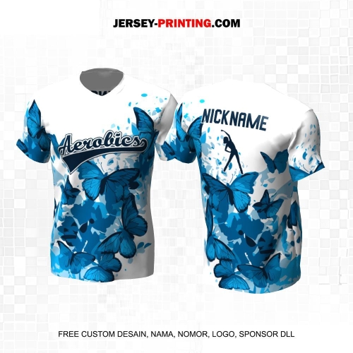 Jersey Olahraga Senam Aerobik Fitness Putih Biru Motif Butterfly 54