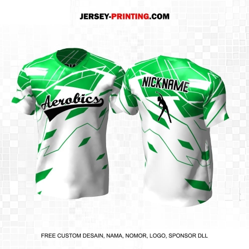 Jersey Olahraga Senam Aerobik Fitness Putih Hijau Motif Abstrak 06