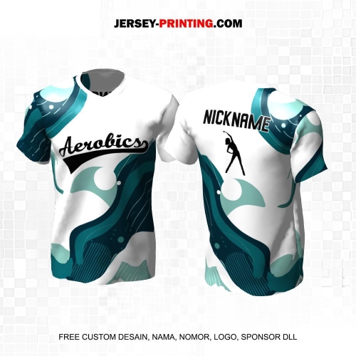 Jersey Olahraga Senam Aerobik Fitness Putih Hijau Tosca Motif Abstrak 05