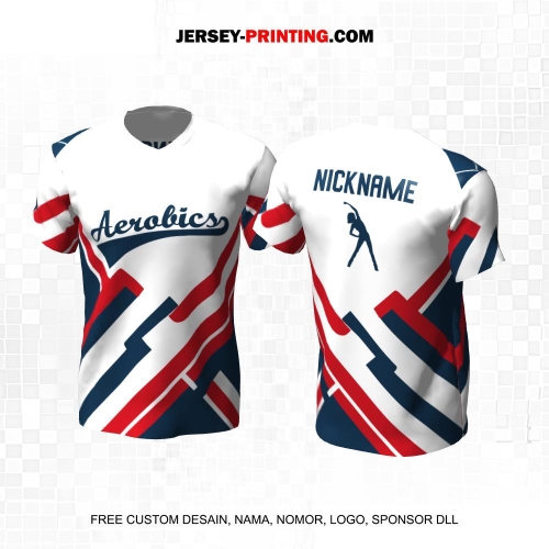 Jersey Olahraga Senam Aerobik Fitness Putih Merah Biru Motif Abstrak 52