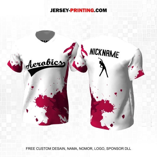 Jersey Olahraga Senam Aerobik Fitness Putih Pink Motif Abstrak Splash 57