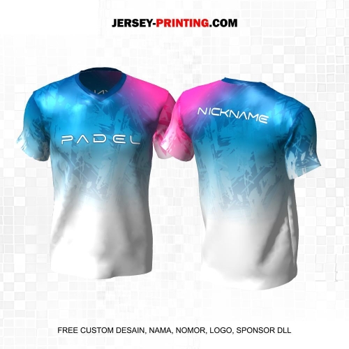 Jersey Olahraga Sport Padel Biru Pink Putih Motif Abstrak 25