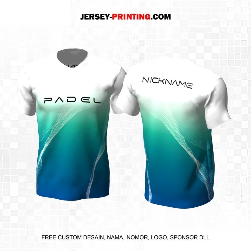Jersey Olahraga Sport Padel Gradasi Putih Hijau Biru Motif Garis 53