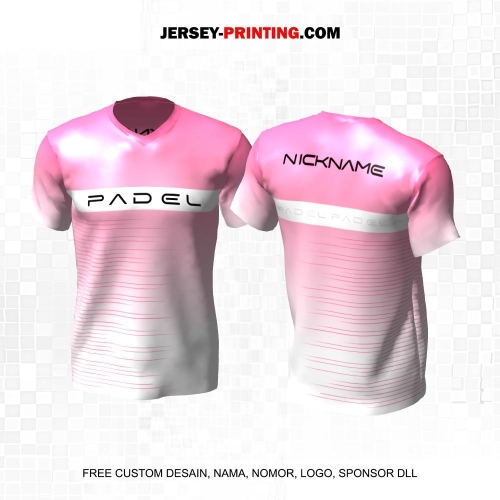 Jersey Olahraga Sport Padel Pink Putih Motif Garis 01