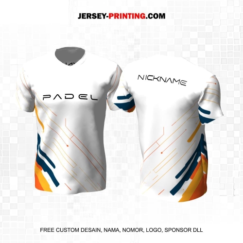 Jersey Olahraga Sport Padel Putih Orange Navy Motif Garis 06