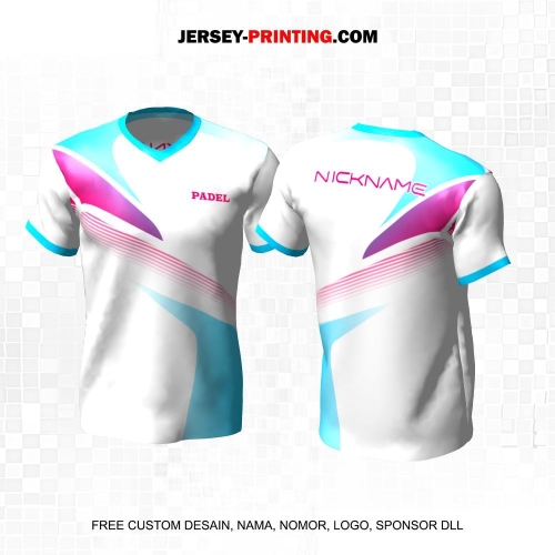 Jersey Olahraga Sport Padel Putih Pink Biru Motif Abstrak Garis 44
