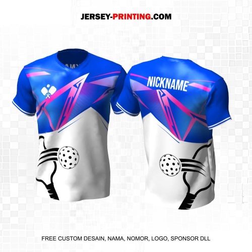 Jersey Olahraga Sport Pickleball Biru Putih Pink Motif Abstrak 36