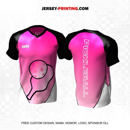 Jersey Olahraga Sport Pickleball Pink Hitam Putih Motif Garis 39