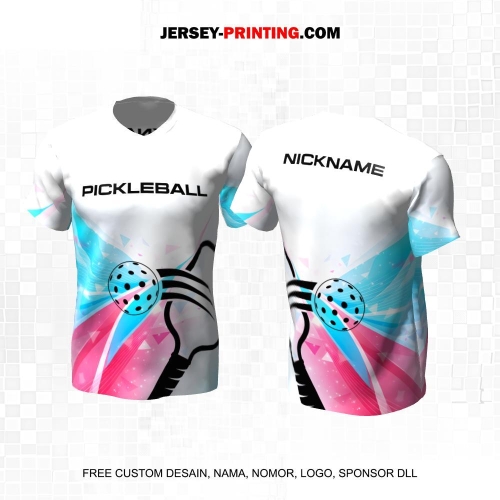 Jersey Olahraga Sport Pickleball Putih Biru Pink Motif Abstrak 47