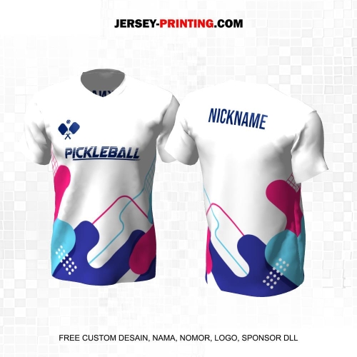 Jersey Olahraga Sport Pickleball Putih Biru Pink Motif Bidang 48