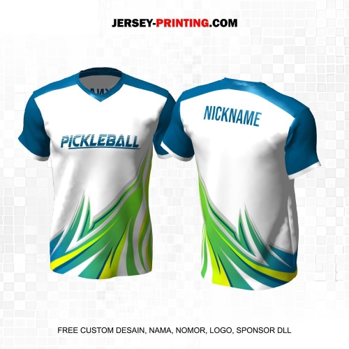 Jersey Olahraga Sport Pickleball Putih Hijau Biru Motif Abstrak 19