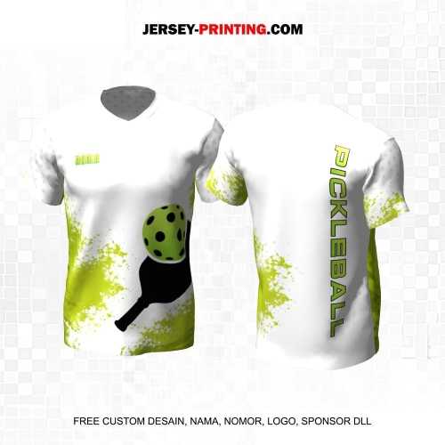 Jersey Olahraga Sport Pickleball Putih Hijau Motif Brush Abstrak 06
