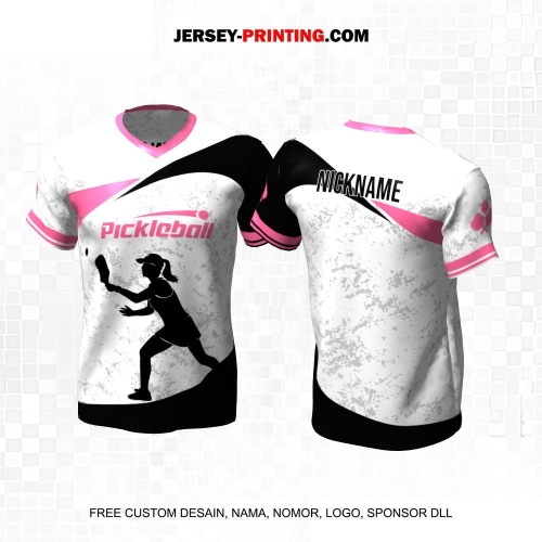 Jersey Olahraga Sport Pickleball Putih Hitam Pink Motif Abstrak 09
