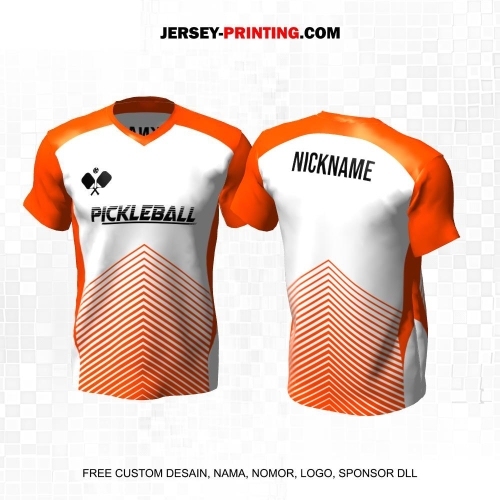 Jersey Olahraga Sport Pickleball Putih Orange Motif Garis Geometris 50