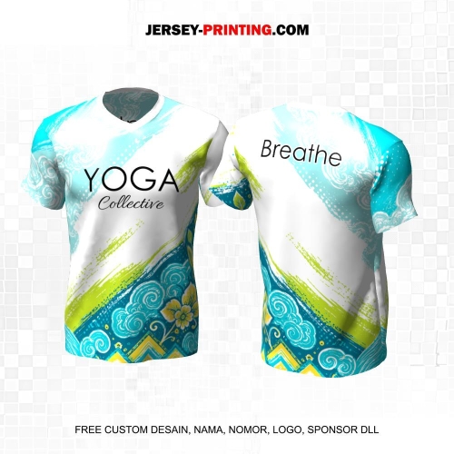 Jersey Olahraga Yoga Putih Biru Hijau Motif Abstrak Swirl 23