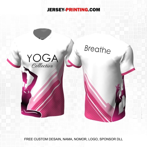 Jersey Olahraga Yoga Putih Pink Motif Abstrak Garis Polkadot 24