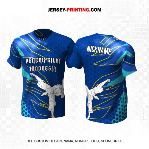 Jersey Pencak Silat Biru Kuning Motif Abstrak Honeycomb 478