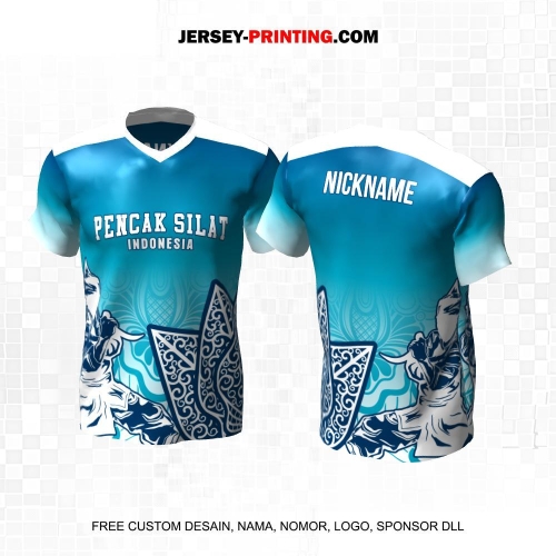 Jersey Pencak Silat Biru Putih Motif Batik Gunungan Wayang 589