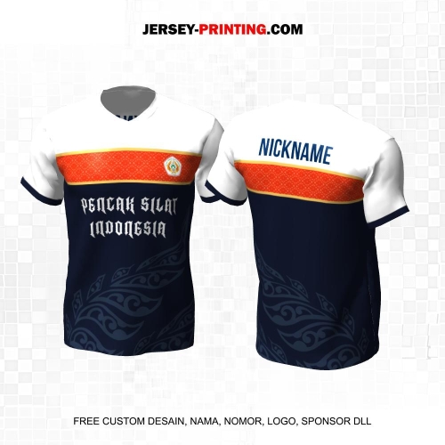 Jersey Pencak Silat Navy Putih Orange Motif Geometris 416