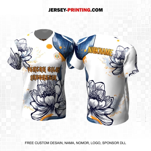 Jersey Pencak Silat Putih Biru Orange Motif Flower 427
