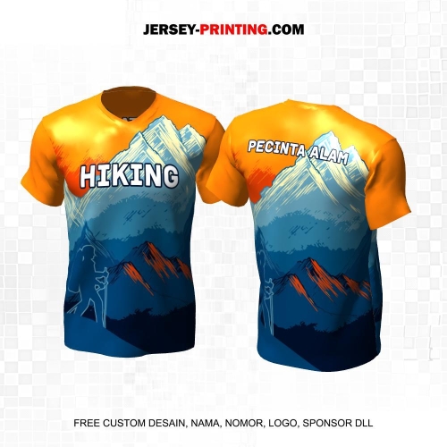Jersey Pendaki Orange Biru Motif Pemandangan Alam Gunung 91