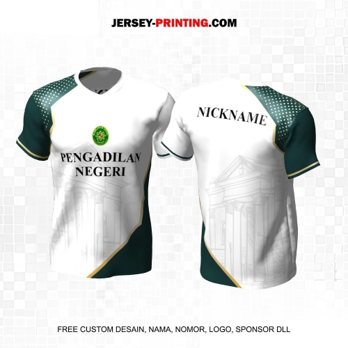 Jersey Pengadilan Negeri Instansi Pemerintahan Putih Hijau Gold Motif Abstrak Garis Polkadot Siluet Gedung 06