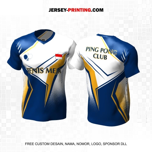 Jersey Pingpong Tenis Meja Biru Putih Kuning Motif Abstrak Polkadot 58