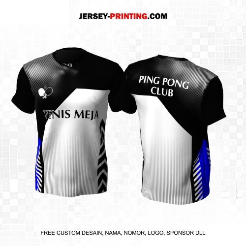 Jersey Pingpong Tenis Meja Hitam Putih Biru Motif Garis 08