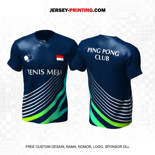 Jersey Pingpong Tenis Meja Navy Putih Hijau Motif Garis 21